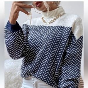 SHEIN Black and Cream Chevron Turtleneck Sweater